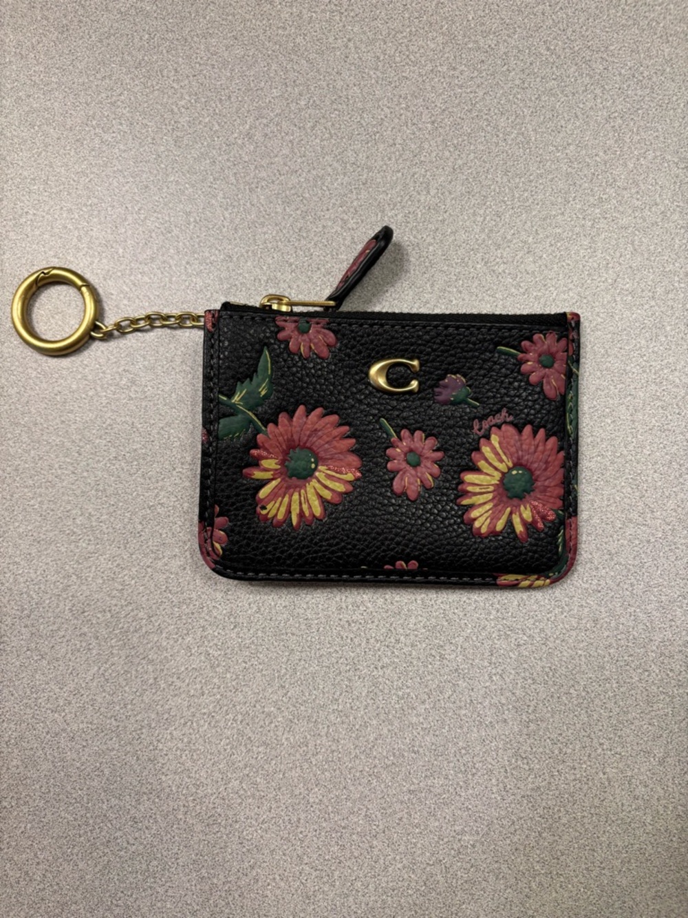 Coach Black Floral Zip Card Holder Keychain